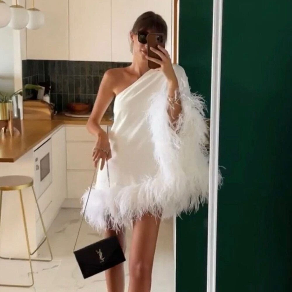 2023 Women s solid color one shoulder feather stitching short A line dress
