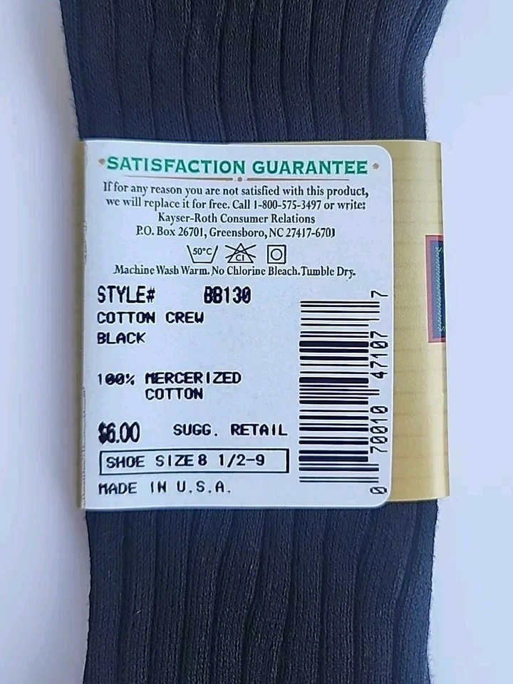 (2) Burlington 100% Cotton Crew Black Socks Shoe Size 8.5-9 Style BB130 Made USA Foto 4 de 4