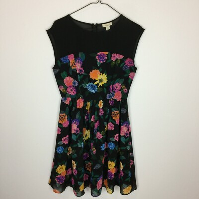 Ambar A-Line Dress Small S Womans Black Flower Print With Sheer Neck Zip Back 