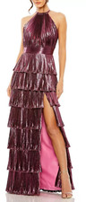 Mac Duggal Rose High Neck Pleated Tiered Ruffle Metallic Gown Women’s Sz 12