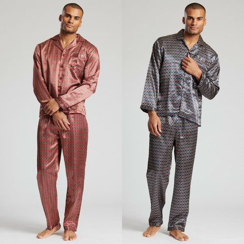 Herren Satin Tailored Pyjama Lang Geo Trachten Knopf Pyjama Schlafanzug Nachtwäsche - Bild 1 von 11