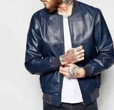 New Mens Navy Blue Bomber Leather Jacket. Real sheepskin leather Biker Jacket M.