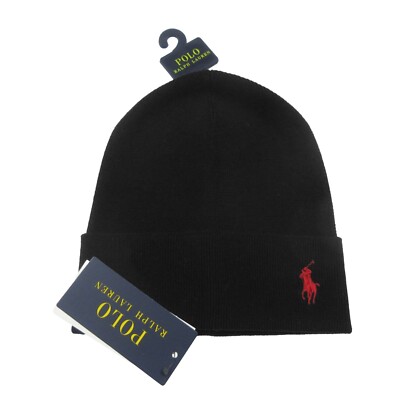 Polo Ralph Lauren Men's Black /Red Pony Cotton Ribbed Cuff Beanie
