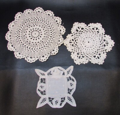 Three Different Vintage Small 5'' to 7'' Factory and Handcrafted White Tea Doilies
