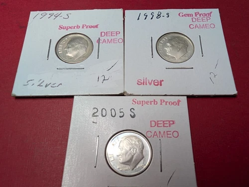 Lot of 3 Proof Silver Roosevelt Dimes 10c 1994,98,2005 all S 250578