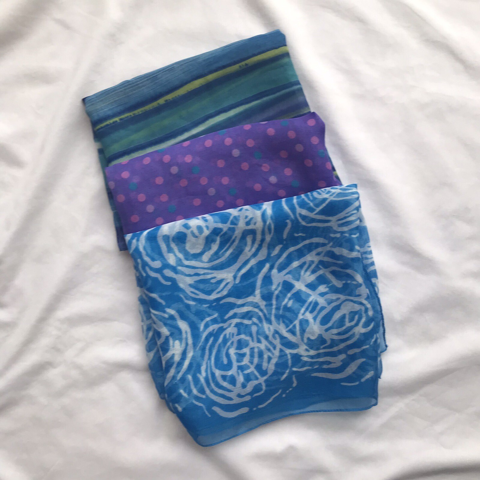 Mixed Scarf Lot 3 Scarves Long Rectangle Blue Purple Floral Striped Polka Dot