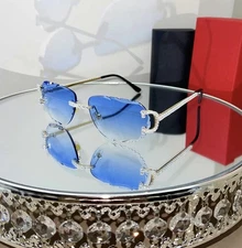Luxury Rimless Round Cut Sunglasses Blue Lens Gold Frame with High-Quality
