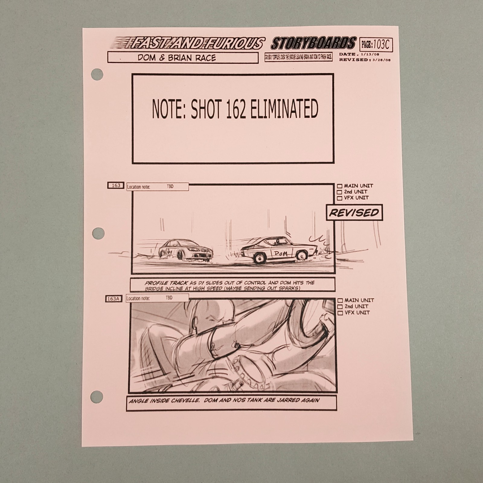 Image 2 of Fast and Furious 4 Production Used Storyboard, Dom Races BMW p103C, COA