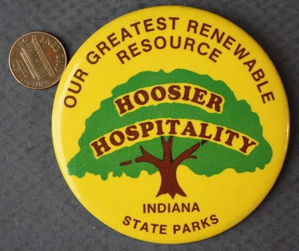 1970s Era Indiana State Parks Hoosier Hospitality tree image large 3" pin RARE -