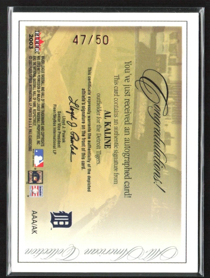 Al Kaline 2003 Fleer Fall Classics All-American Auto/50 #AAA/AK Detroit Tigers Foto 2 de 2