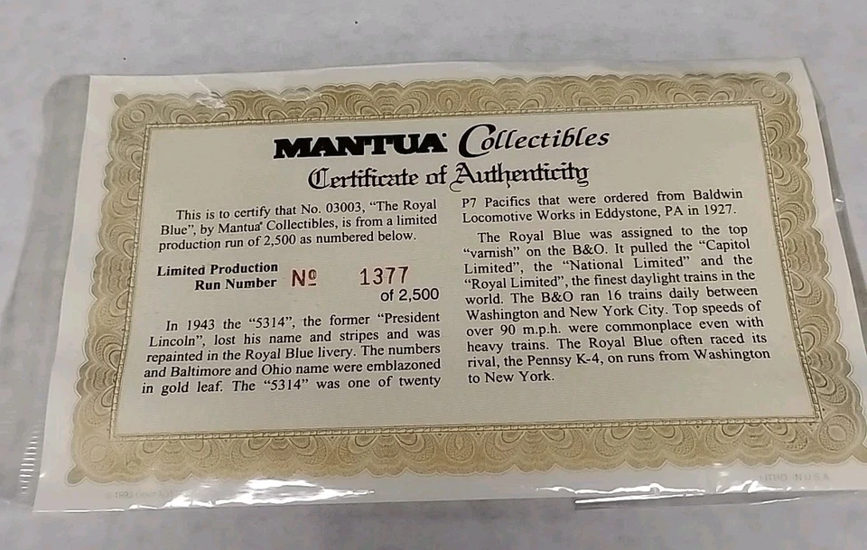 Mantua Collectibles HO Royal Blue 4-6-2 Baltimore & Ohio No. 1377-2500 COA - Image 3 of 4