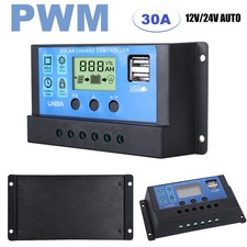 30A Solar Panel Battery Charge Controller 12V/24V LCD Regulator Auto Dual USB US
