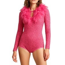 Weissman Hot Pink Sequin Feather Trim Romper Leotard Costume Adult Dance XXS
