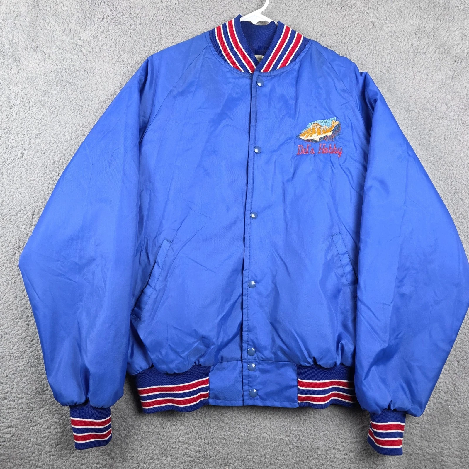 Vintage Fishing Jacket Mens Blue Snap Up Satin Bomber Quilt Lined Made In USA