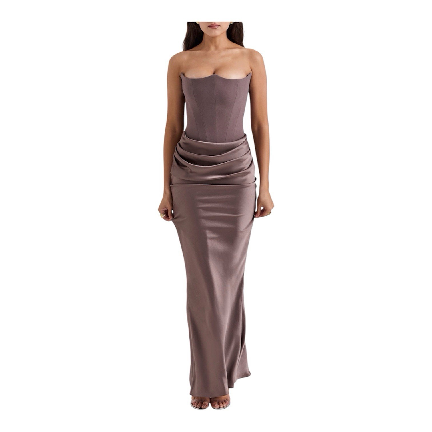 House of CB Persephone Dress Smoke Grey Corset Maxi Gown Size L+ Plus Cup