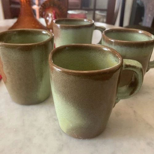 Frankoma Pottery SCC Prairie Green Plainsman Coffee Mug Set 4 Cups Vintage 3.25”