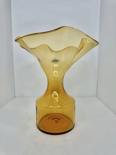 Vintage Blenko Glass Non Catalog Ruffle Top Vase In Topaz W/ Label Stunning