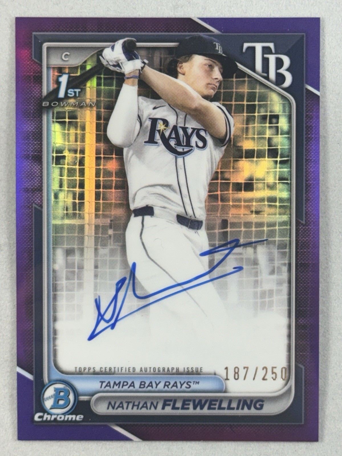 2024 Bowman Draft Chrome Nathan Flewelling Purple 1st Auto 187/250 Rays