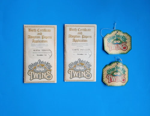 2 Vtg Twin Cabbage Patch SEALED Birth Certificates ALEXA TERESA/CARYL PHYLLIS