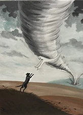 5x7 PRINT OF PAINTING RYTA BLACK CAT HALLOWEEN tornado ghost folk art primitive