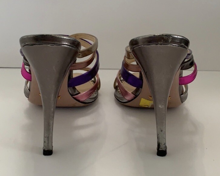 Prada Metallic Sandals Shoes 36.5 6.5 Silver Pink Purple Italy Strappy Excellent thumbnail 2