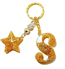 Letter S Keychain Gold Flakes w/Matching Gold Star Charm