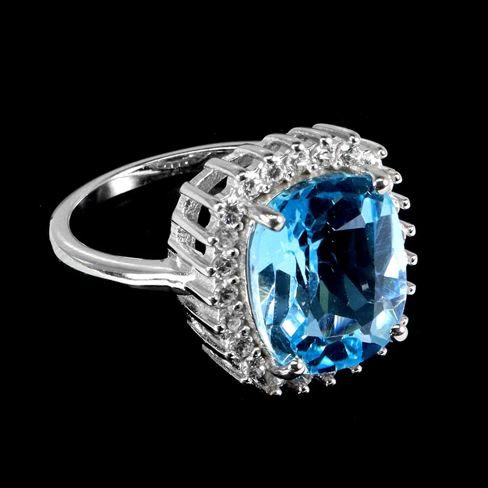 925 Anello Argento Sterling Antico Topazio 12x10mm Zircone Gemma Gioielli Misura - Immagine 3 di 4