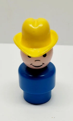 Vintage Fisher-Price Little People Blue Wood Body/Plastic Head Cowboy Yellow Hat
