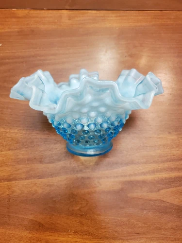 Fenton Aqua Blue Hobnail Glass Vase Ruffled Edge Vintage