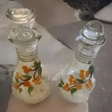 Vintage Glass Oil Vinegar Cruets 6.5” Decanters Set Hand Painted C1