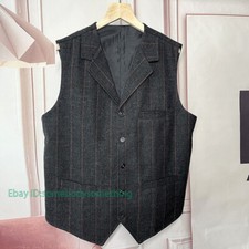 Men Tweed Wool Blend Herringbone Retro Waistcoat Plaid Slim Fit Formal Suit Vest