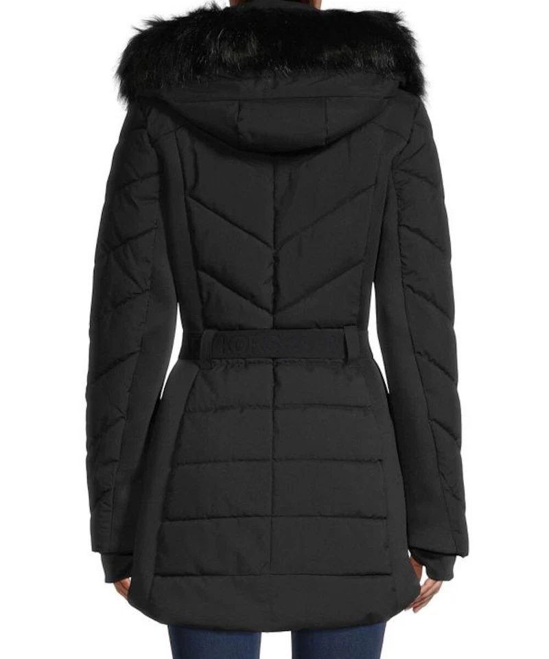 Chaqueta Abrigo Michael Michael Kors Cinturón Puffer Imitación Piel Borde Con Capucha Negra S Foto 4 de 4