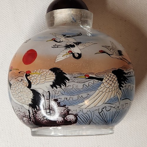 Vintage Glass Snuff Bottle Inside Reverse Painted Landscape Scenery Cranes Asian - Picture 4 of 10