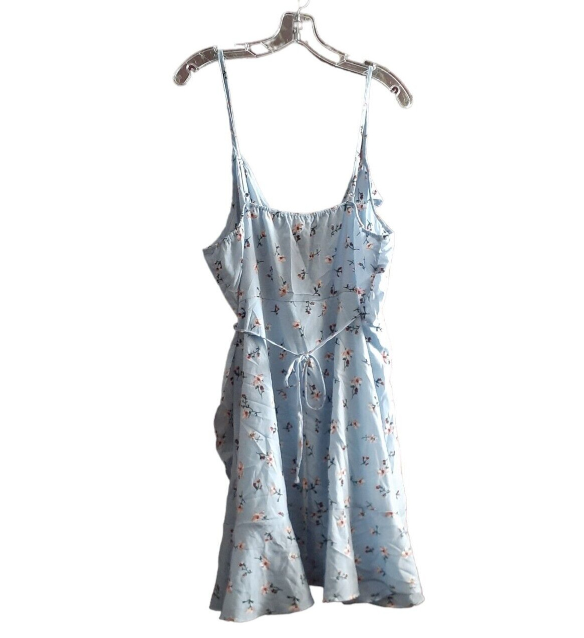 Romwe Sundress Dress Spaghetti Strap Wrap Floral Ruffle Blue Vacation Cruise XL*