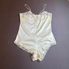 Vintage Ivory Satin Lace Trim Teddy Bodysuit Y2K Lingerie V-Neck Snap Crotch NWT