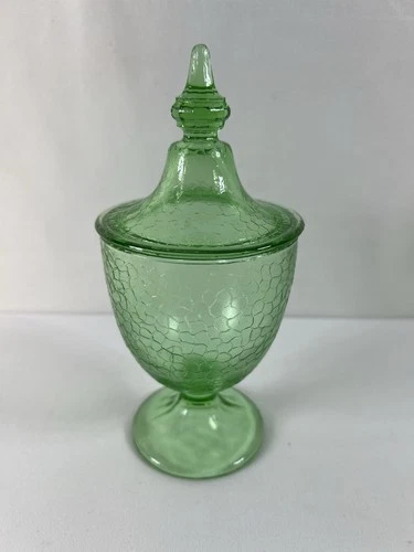 Antique Glass L E Smith Candy Dish & Lid Crackle Green Depression 1930s