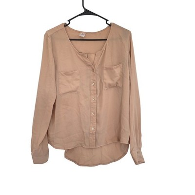 SELF Tan Long Sleeve V Neck Button Up Pocket Blouse Shirt Size L