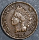 1909 1C INDIAN HEAD BRONZE CENT KM# 90a Grade:  F+  A7234