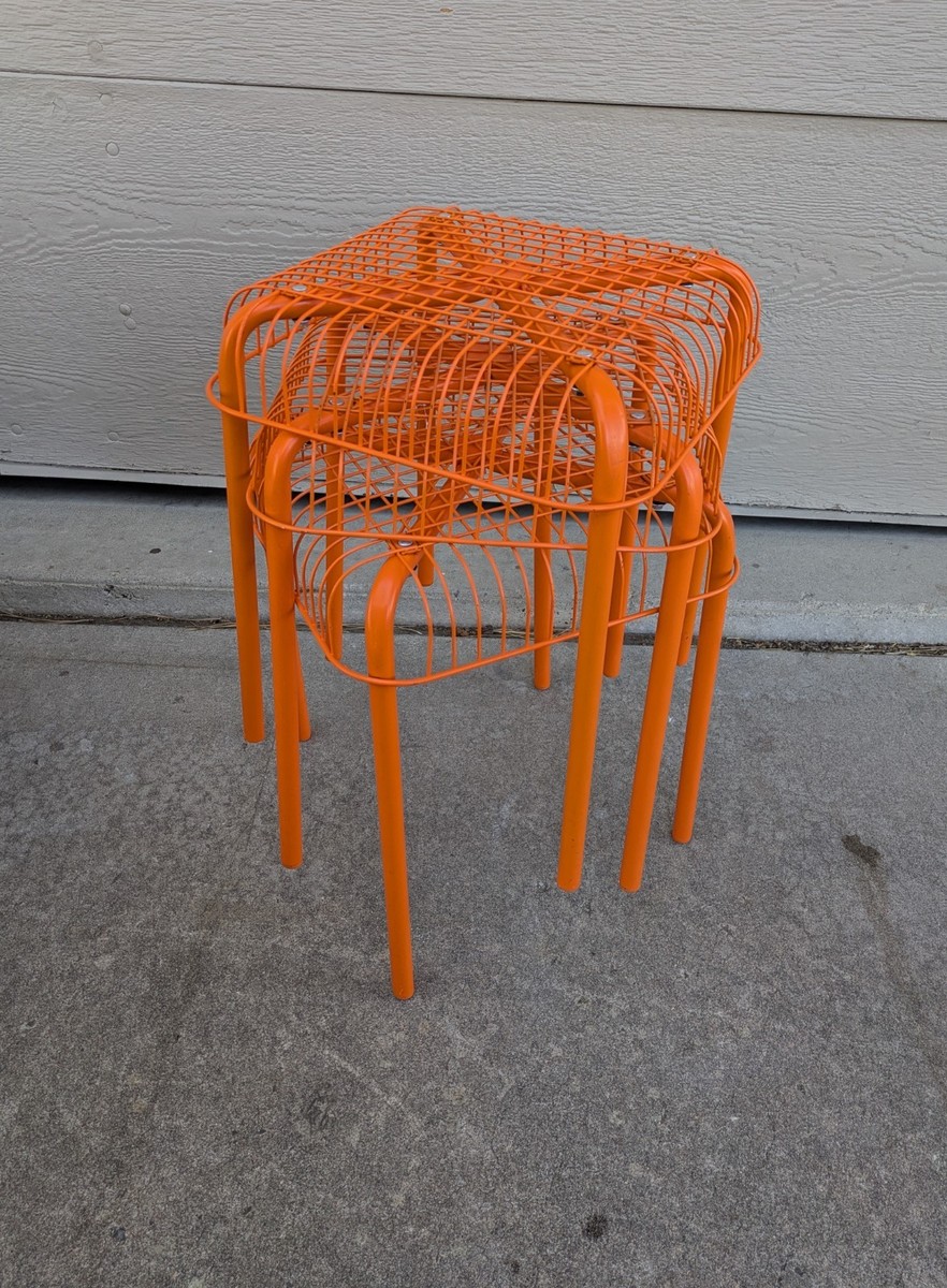 Vintage Set of 3 IKEA VÄSTERÖN Orange Metal Stools Tables