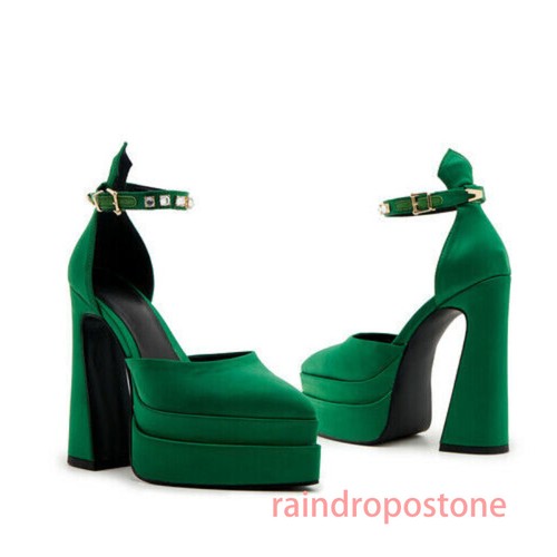 Womens Satin Pointy Toe Ankle Strap Platform Block Heel Sandals Shoes Party - Picture 11 of 20
