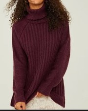 Altar  d State Womens Tara Turtleneck Tunic Sweater Fuzzy Cozy Long Burgundy S