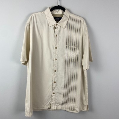Nat Nast Silk American Fit Button Up Shirt Size XL Beige Stripe Short Sleeve