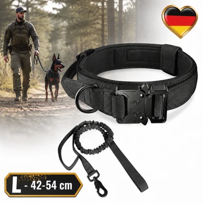 Hundehalsband und Militär Leine Schwerlast Schwarz Gepolstert mit Griff für Jagd - Bild 1 von 4