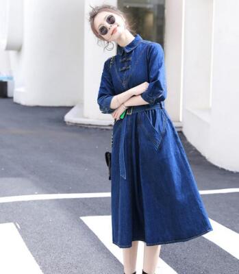 Women's Denim Dress Long Sleeve Belt High Waist Splicing Doll Collar Midi Skirt | eBay Women's Denim Dress Long Sleeve Belt High Waist Splicing Doll Collar Midi Skirt | eBay