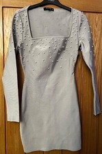MISGUIDED SILVER GREY BODYCON STRETCH DRESS WITH PEARL BEAD DETAIL SIZE 8