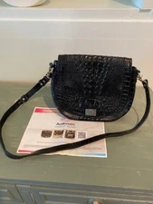 Brahmin Sonny Black Leather Flap Crossbody Croc-Embossed With Dust Bag