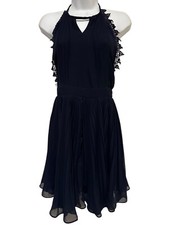 Double Zero Dress Chiffon Fairy Mini Pleated Lace Trim Halter Neck Blue S