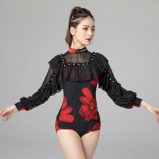 Ruffle Sleeve Ballroom Dancing Tops Dancewear Mesh Stitching Dance Practice Wear