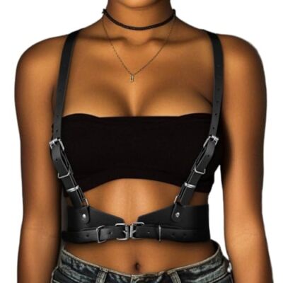 Women Black Punk Leather Harness Belt Fashion Chest Harness Body Chain B… Black Leather-Look Body Harness Belt For Women - Punk Style  main image 2