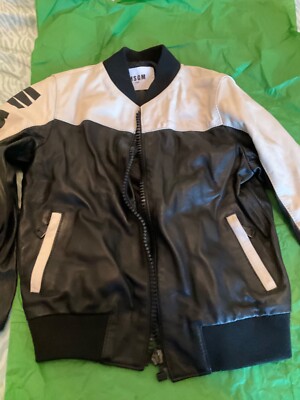 EXCELLENT COND MSGM Black Logo 100% Leather Baseball Jacket w/ Ribbed Cuffs - 8